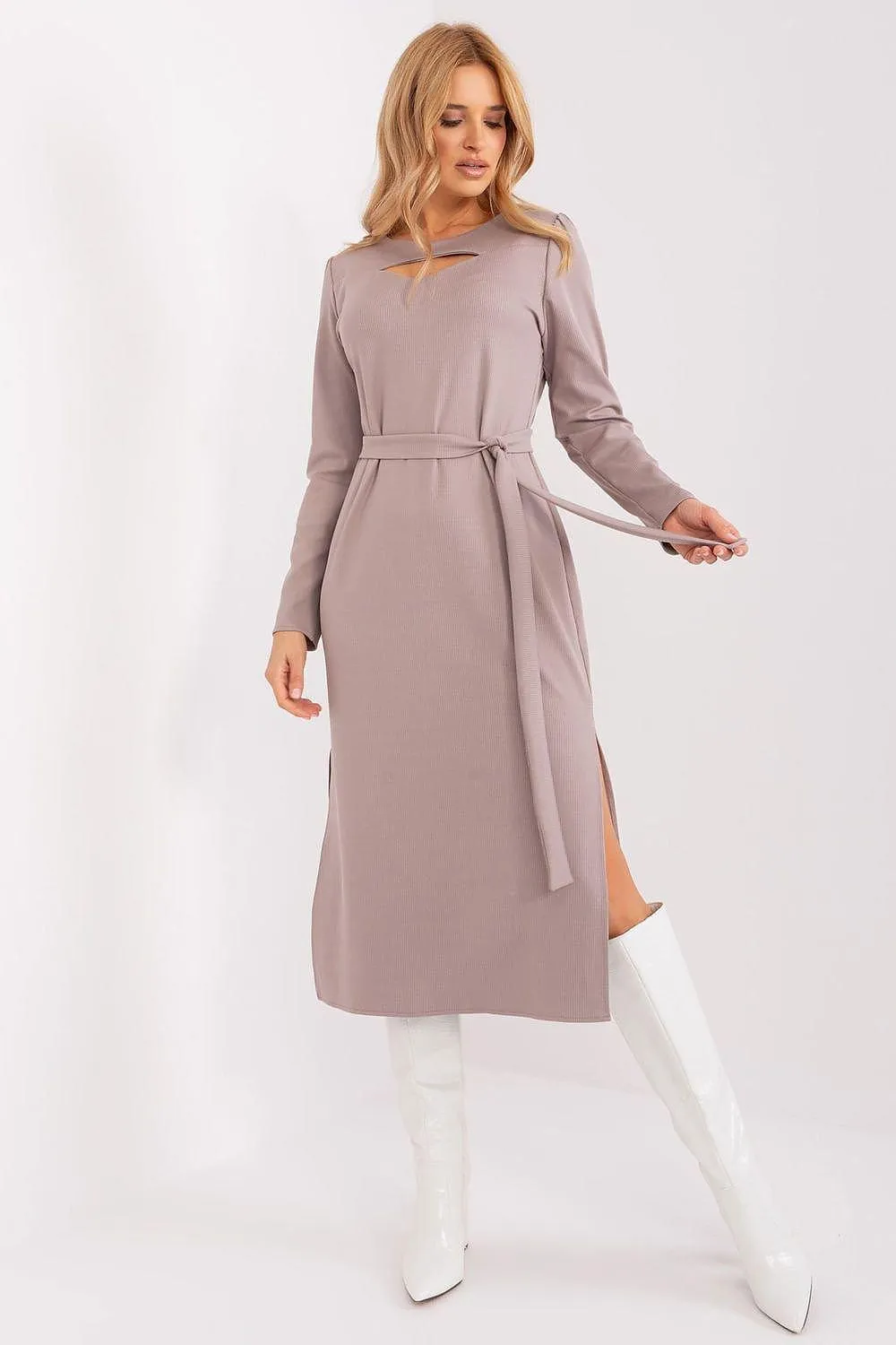 Chic Ribbed Midi Dress with Adjustable Waist Tie