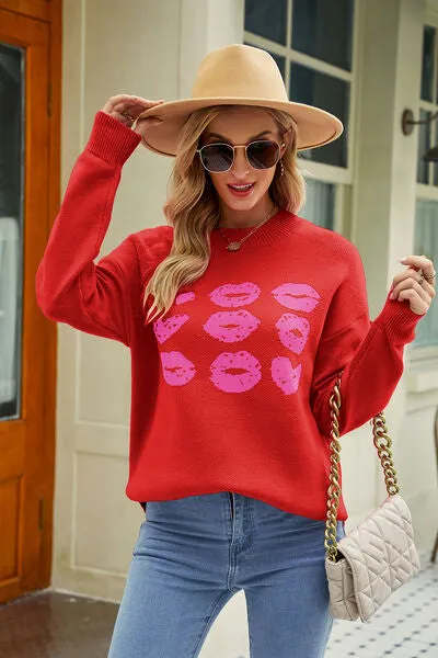 Contrast Lip Pattern Round Neck Slit Sweater