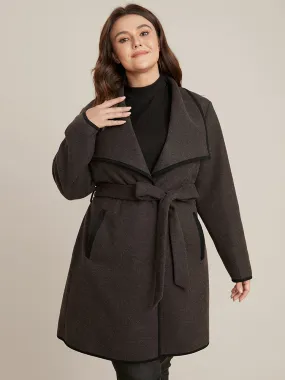 Contrast Trim Pocket Belted Lapel Collar Coat