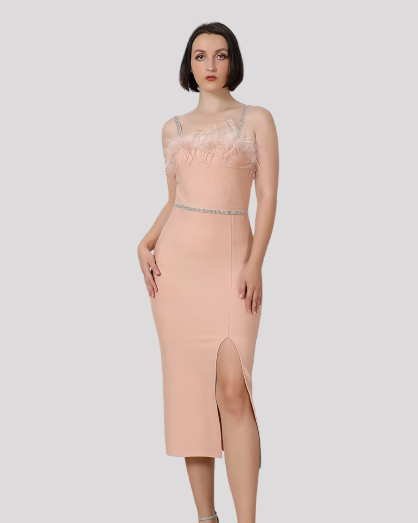 Crystal and Feather Cocktail Dress With Sexy Side Split Available in 4 Colours