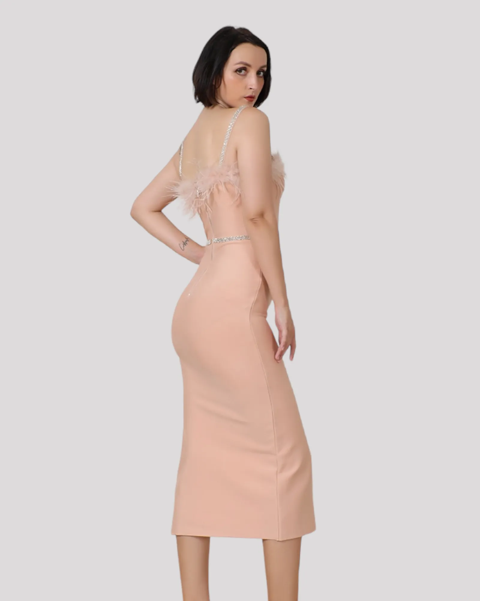 Crystal and Feather Cocktail Dress With Sexy Side Split Available in 4 Colours