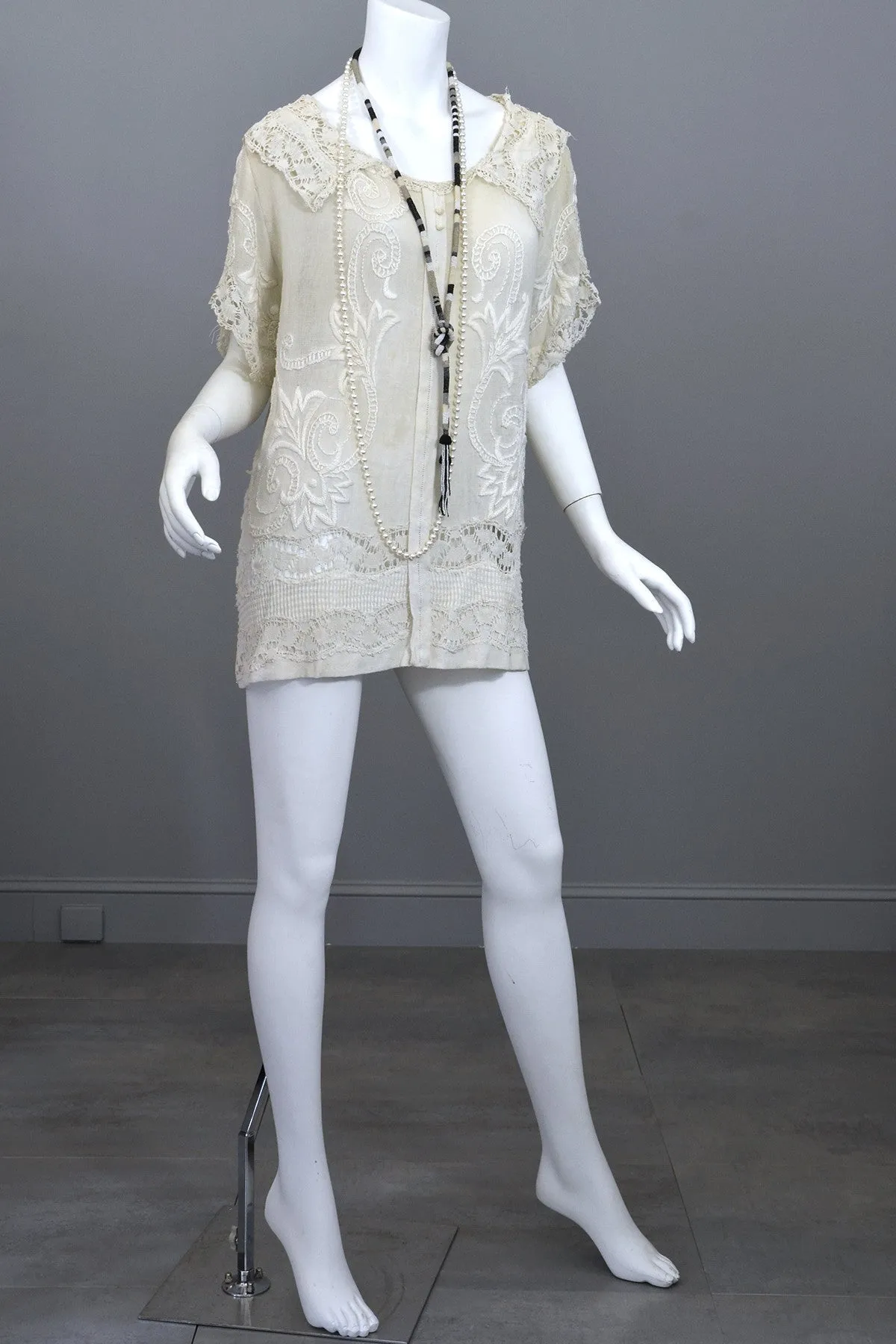 Deco 20s Embroidered Gauze Tunic Lace Top