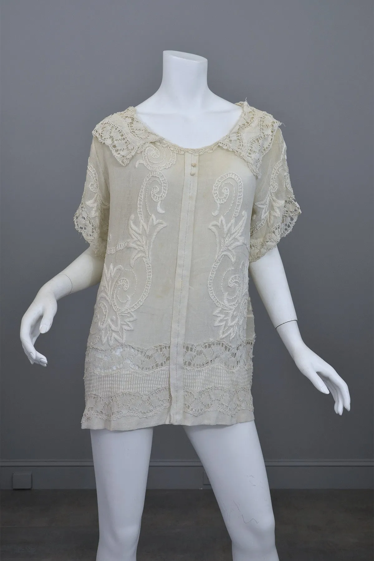 Deco 20s Embroidered Gauze Tunic Lace Top