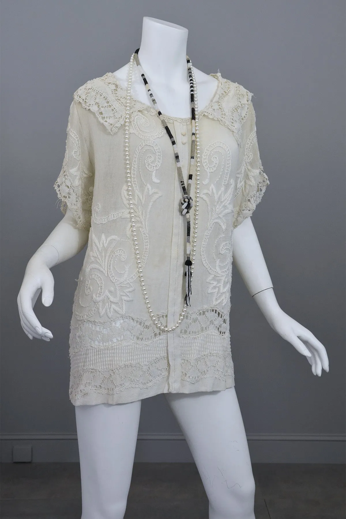 Deco 20s Embroidered Gauze Tunic Lace Top