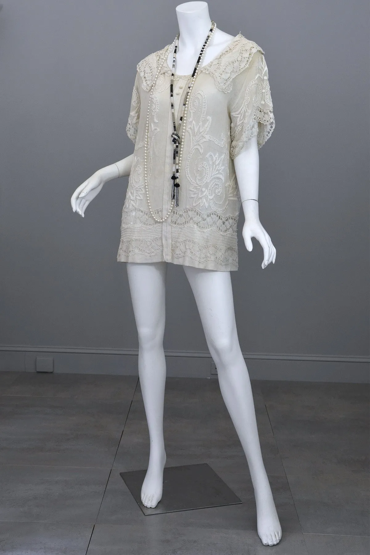 Deco 20s Embroidered Gauze Tunic Lace Top