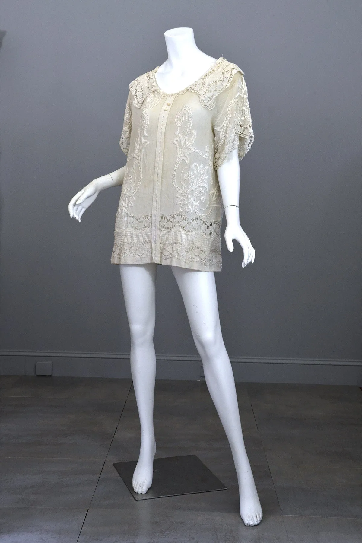 Deco 20s Embroidered Gauze Tunic Lace Top