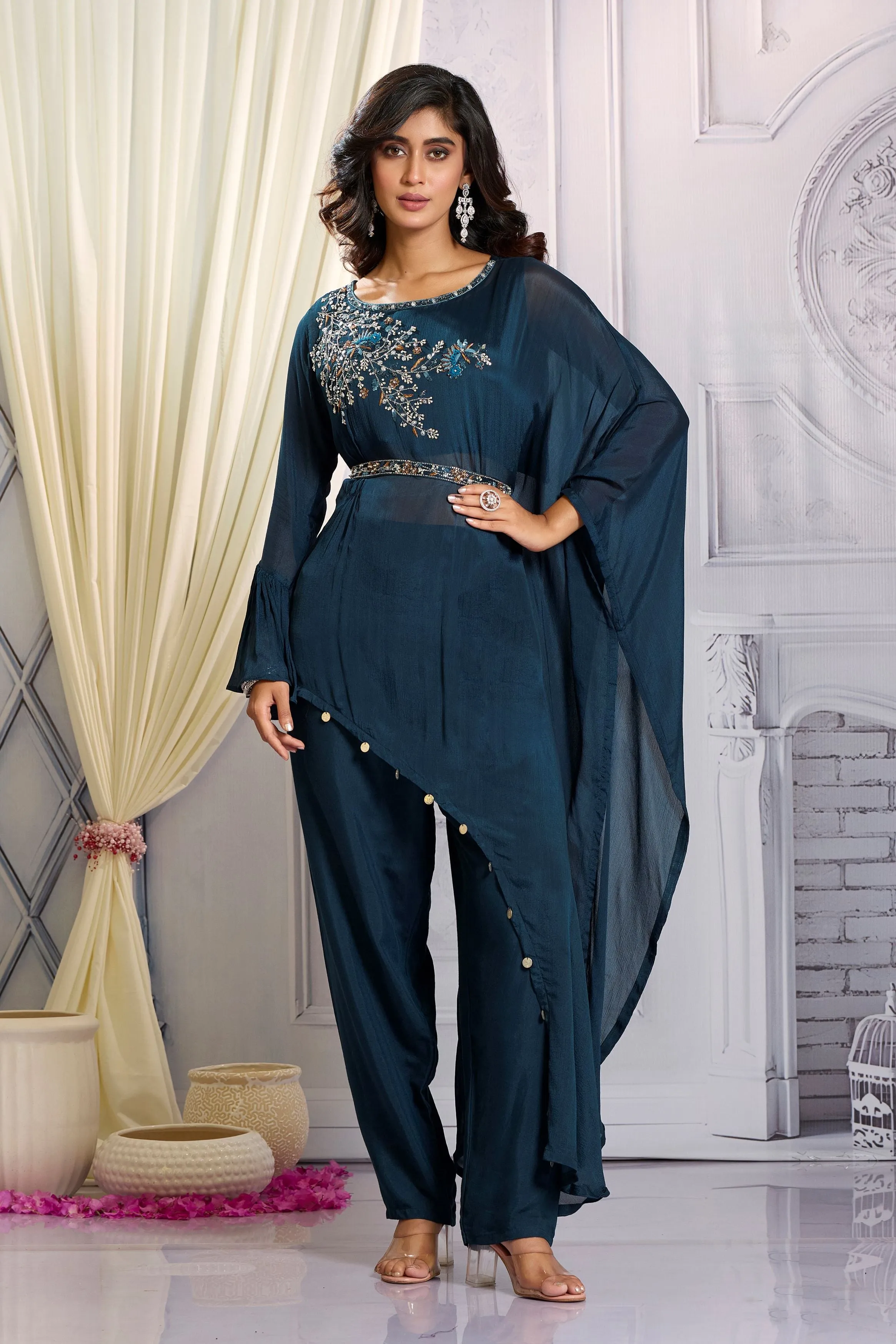 Deep Teal Embellished Chinon Silk Co-Ord Set