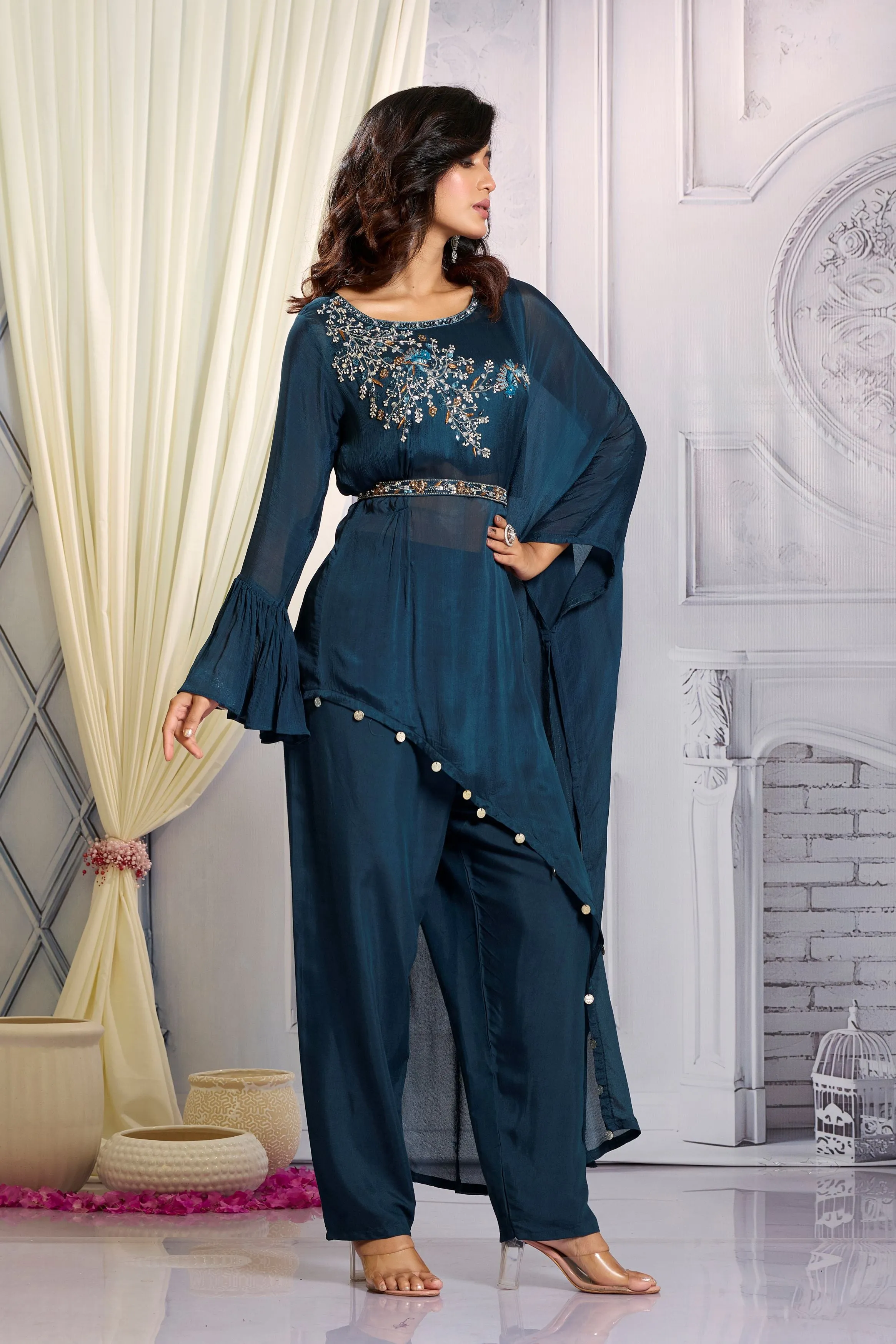 Deep Teal Embellished Chinon Silk Co-Ord Set