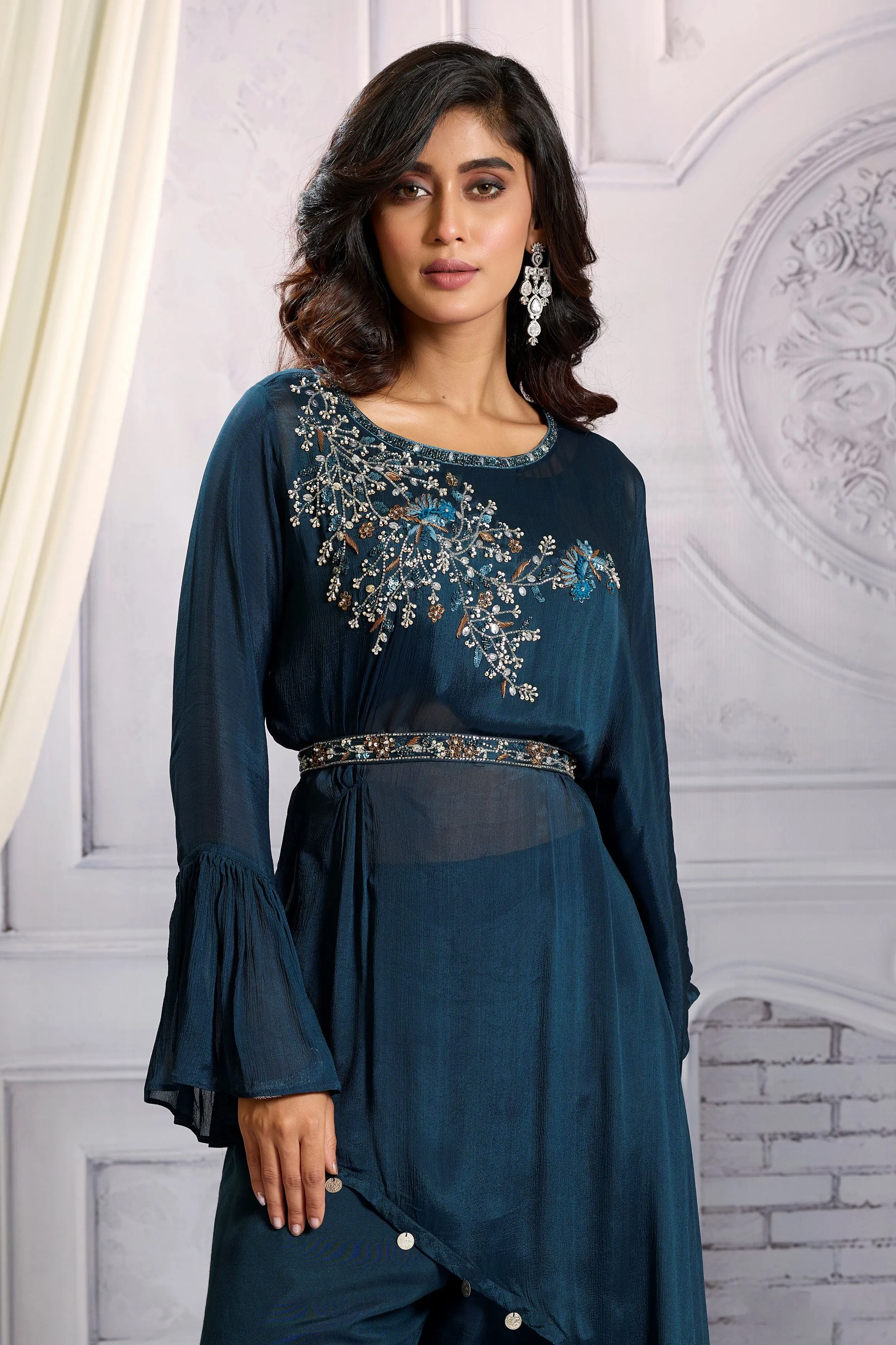 Deep Teal Embellished Chinon Silk Co-Ord Set