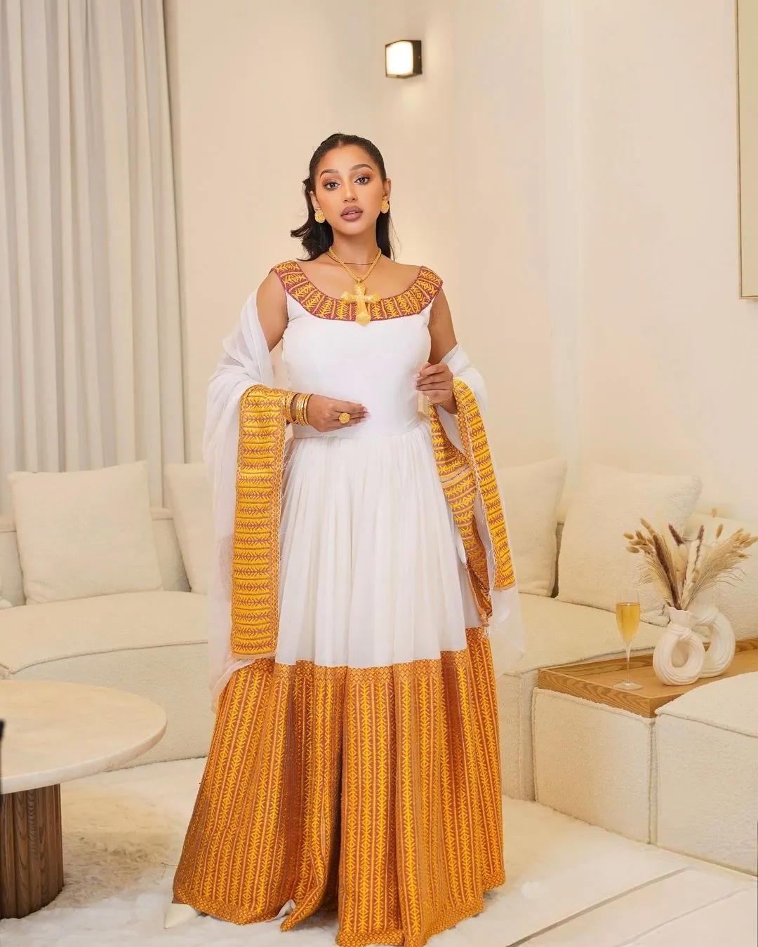 Divine Half Open Back Traditional Ethiopian Dress: with Multicolored Wide Adornments Habesha Dress