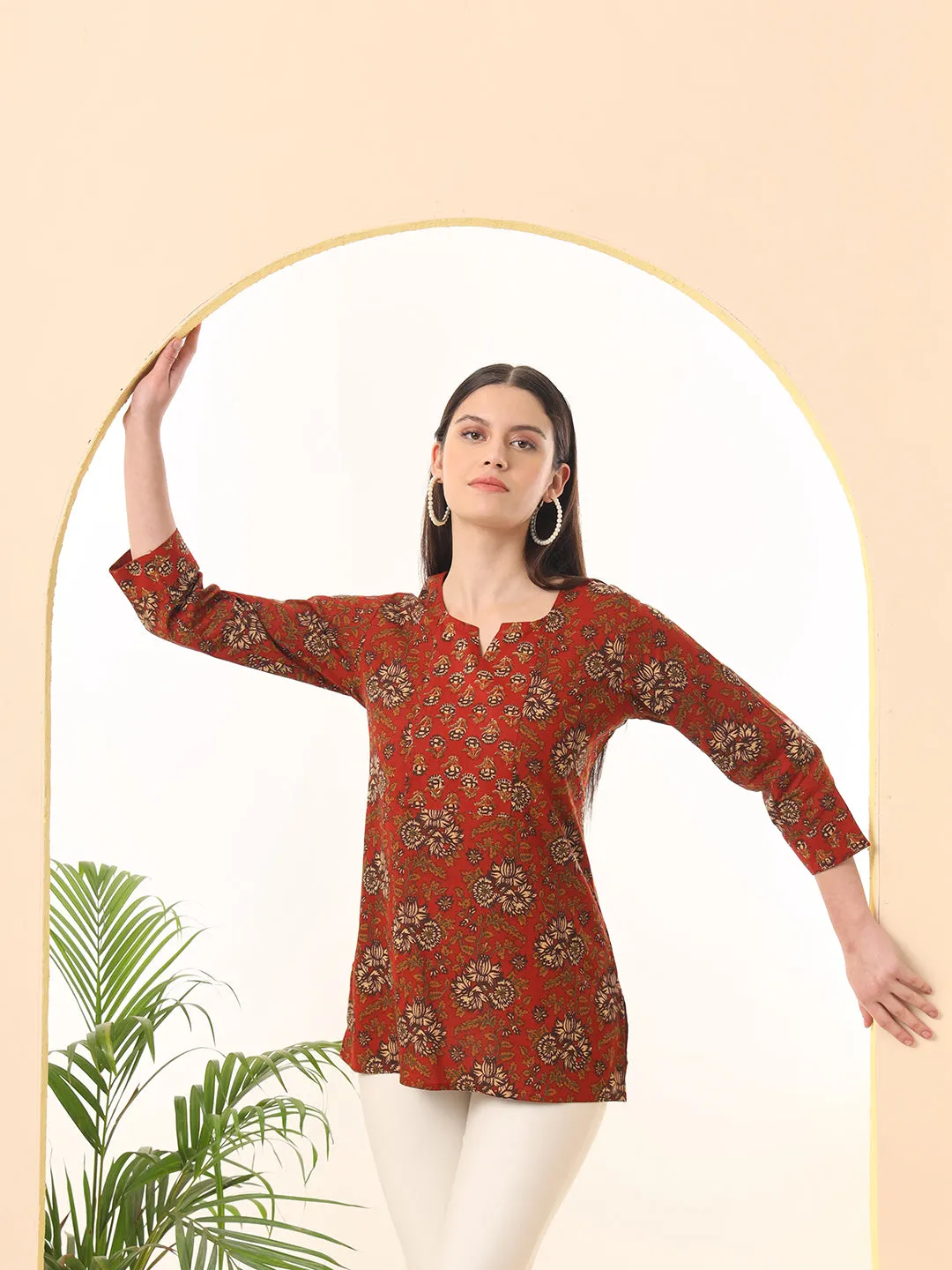 Ekisha's women red designer floral printed cotton tunic top short kurti