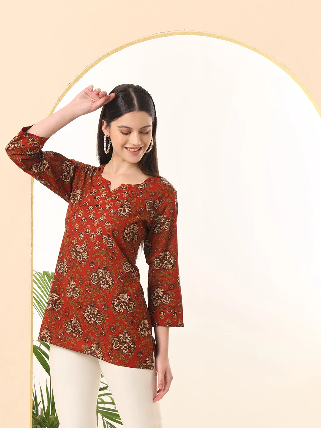 Ekisha's women red designer floral printed cotton tunic top short kurti