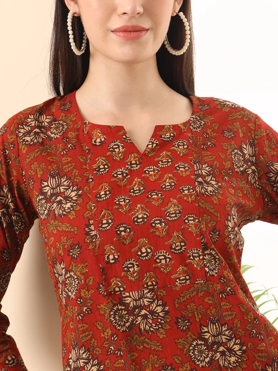 Ekisha's women red designer floral printed cotton tunic top short kurti