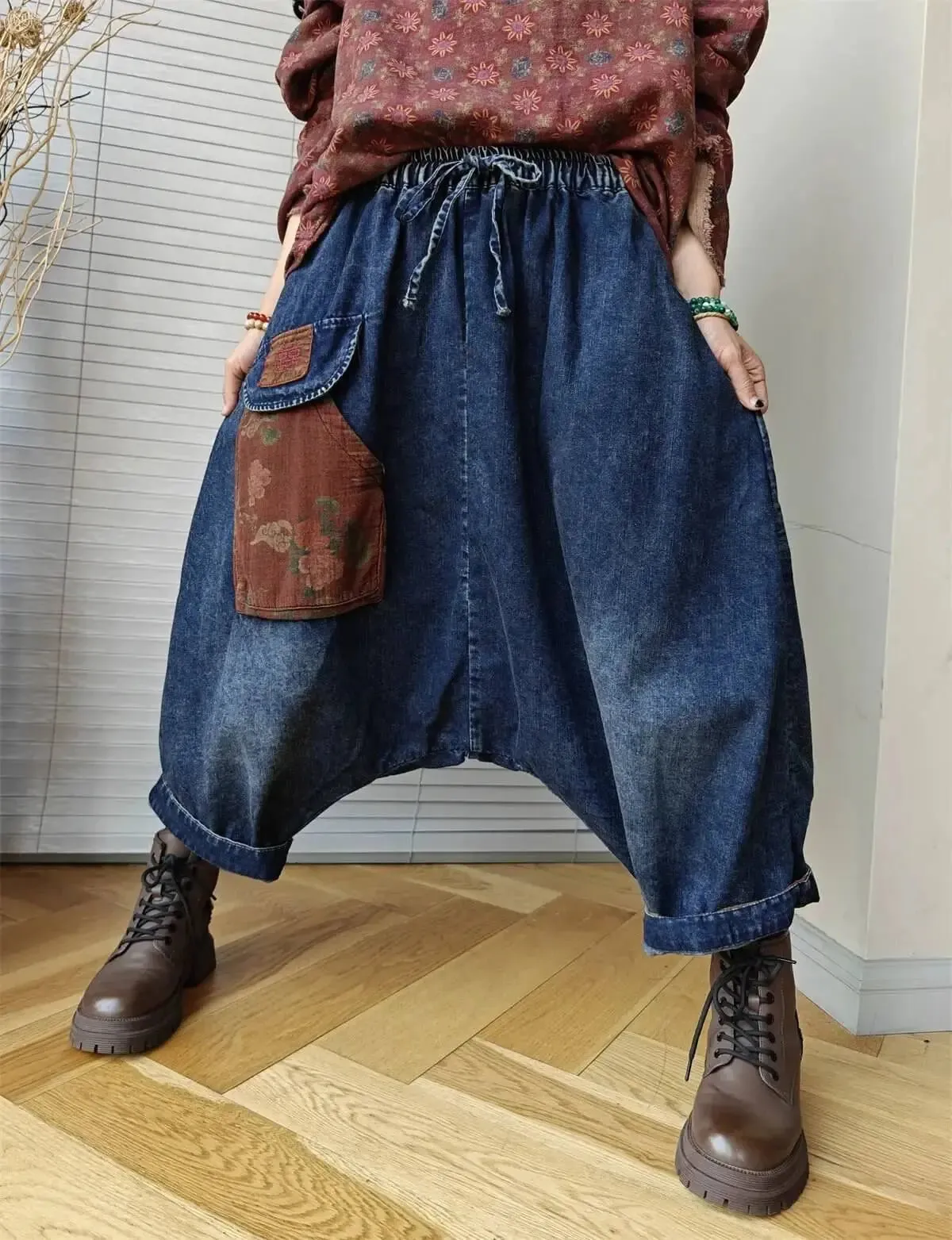 Elastic Waist Harem Pants Retro Custom Denim Harem Pants