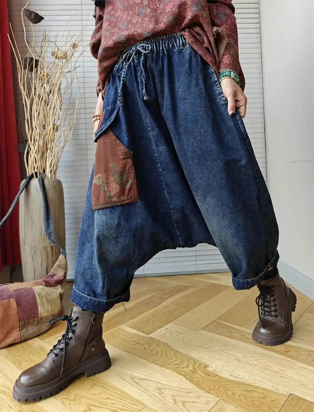 Elastic Waist Harem Pants Retro Custom Denim Harem Pants