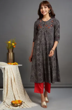 elegant anarkali - starlit night & coquelicot orange