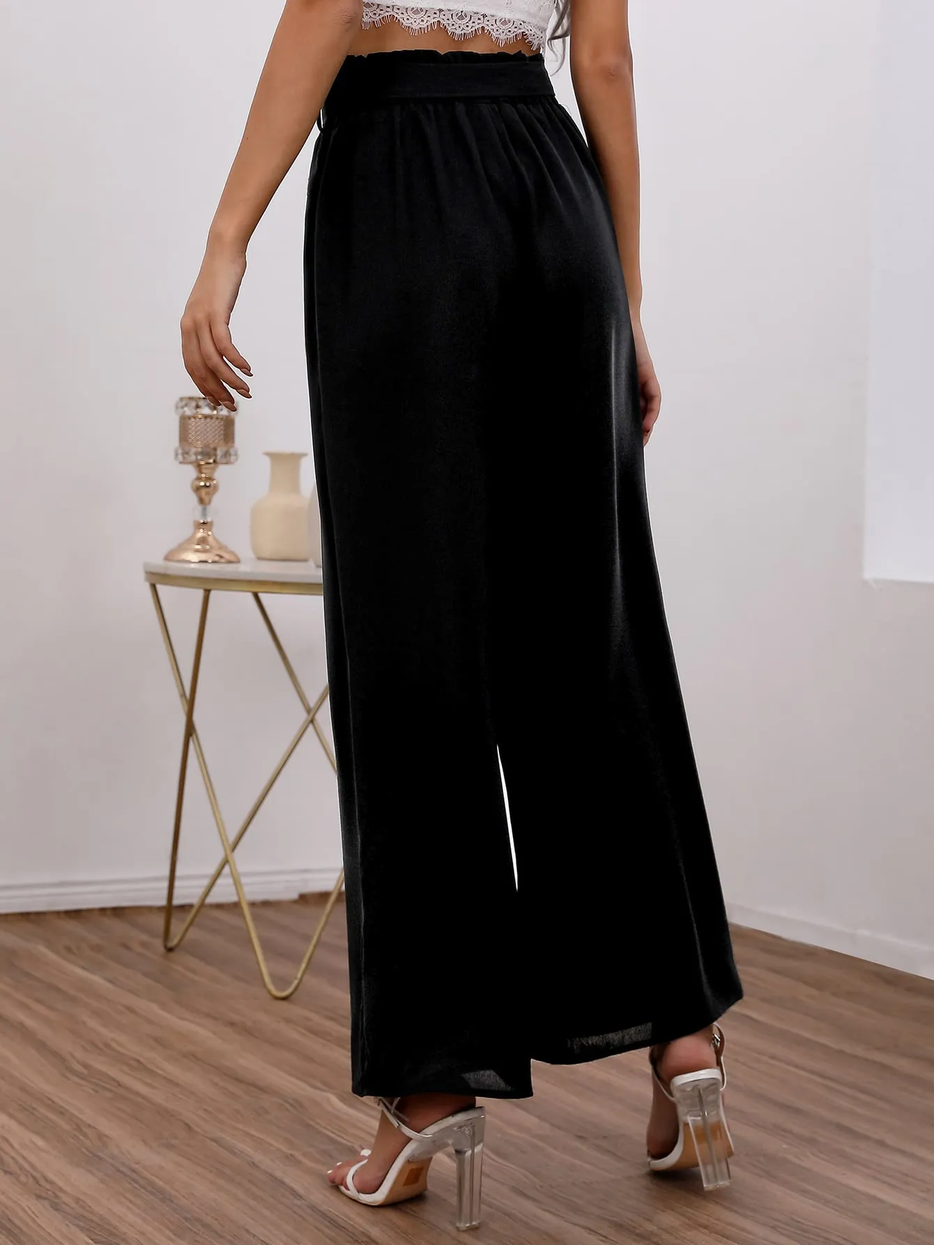 Elegant Plain Paper Bag Waist High Waist Long Womens Pants