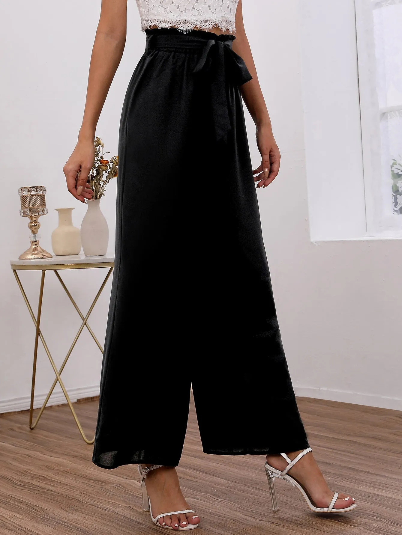 Elegant Plain Paper Bag Waist High Waist Long Womens Pants