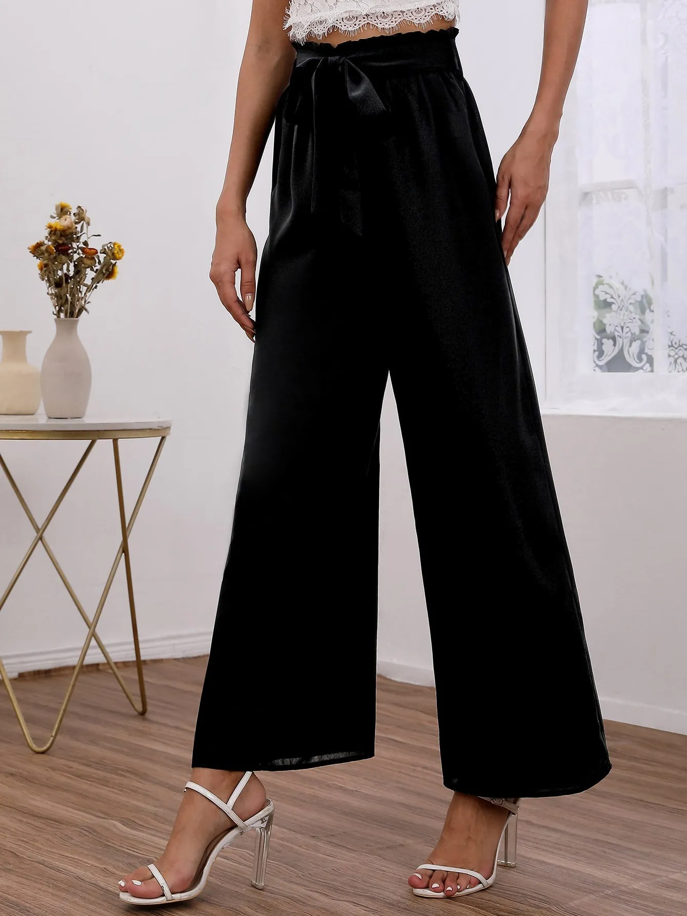 Elegant Plain Paper Bag Waist High Waist Long Womens Pants