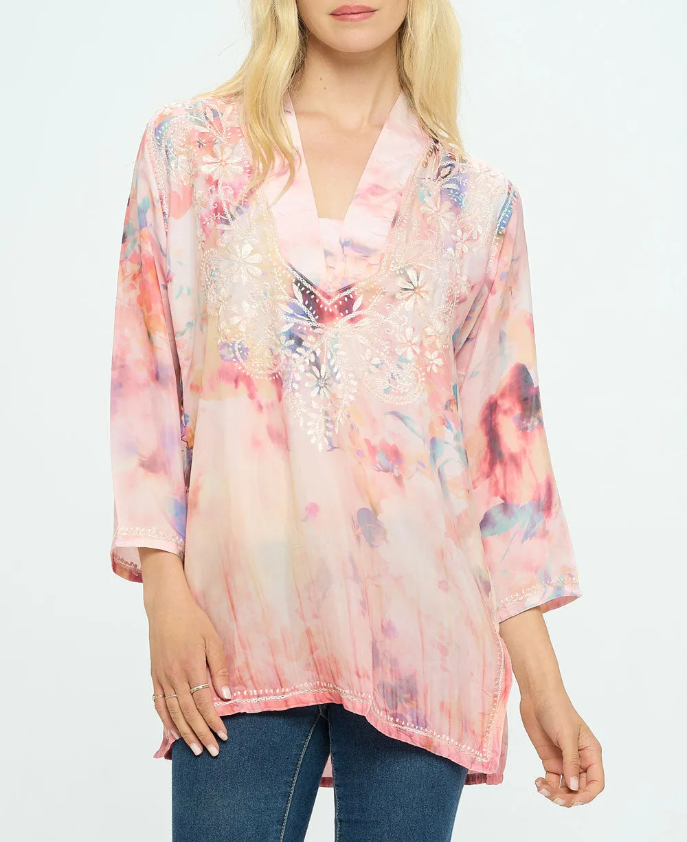 Embroidered Peach Tones V Neck Tunic Top