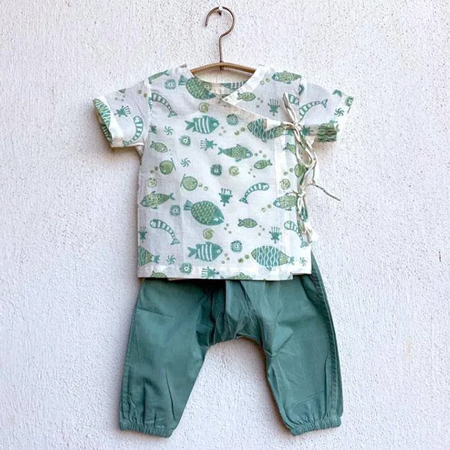 Fish Print Angarakha Top with Mint Pants