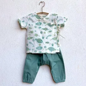 Fish Print Angarakha Top with Mint Pants