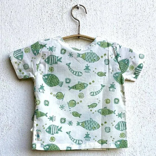 Fish Print Angarakha Top with Mint Pants