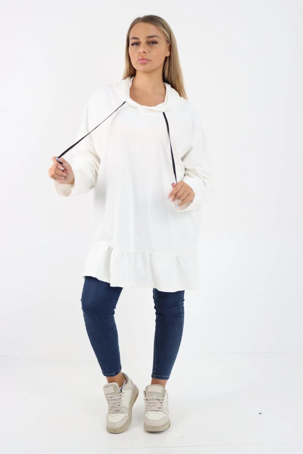 Frill Hem Long Sleeve Hooded Top