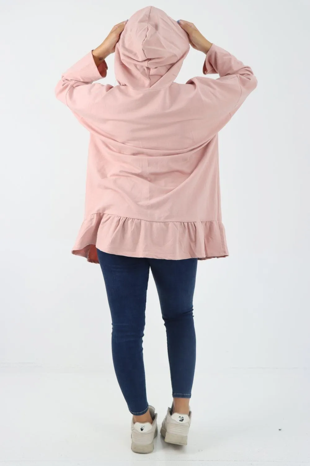 Frill Hem Long Sleeve Hooded Top