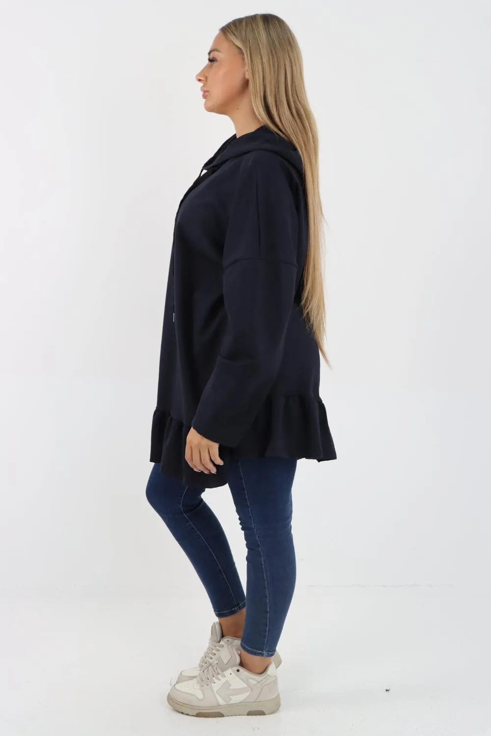 Frill Hem Long Sleeve Hooded Top