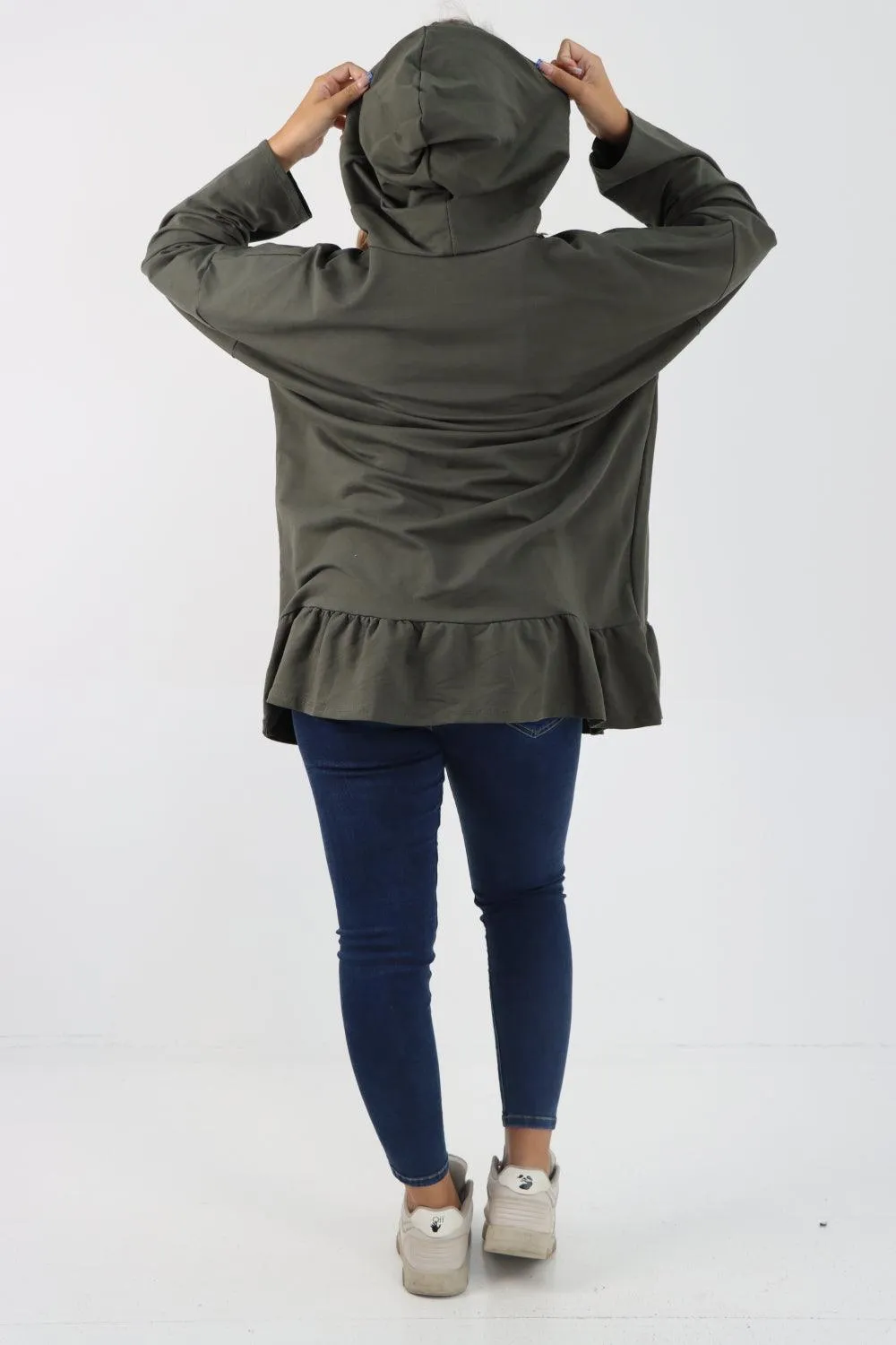 Frill Hem Long Sleeve Hooded Top