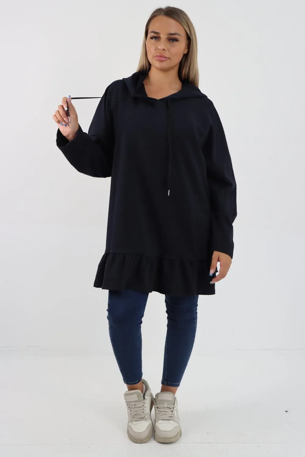 Frill Hem Long Sleeve Hooded Top