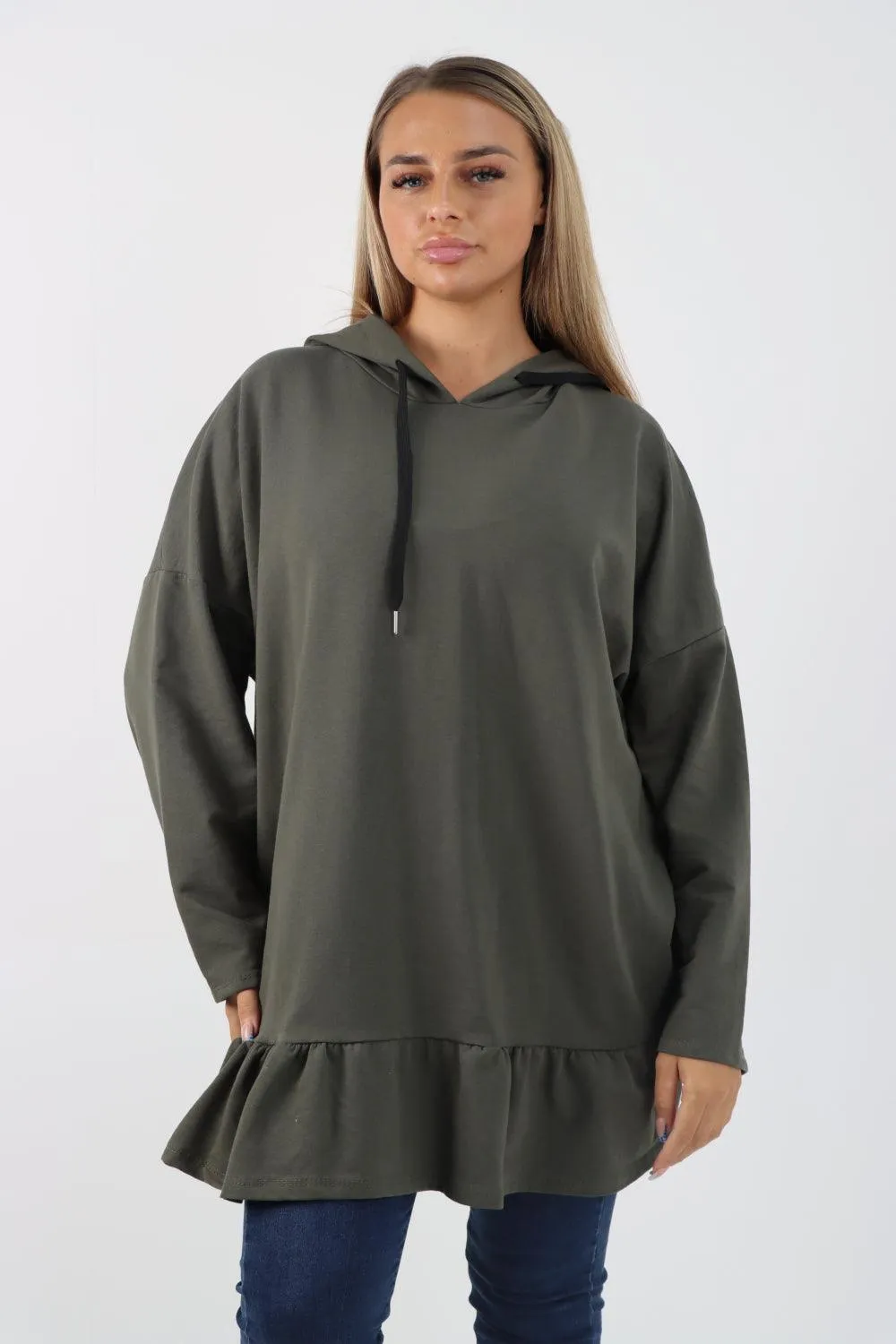 Frill Hem Long Sleeve Hooded Top