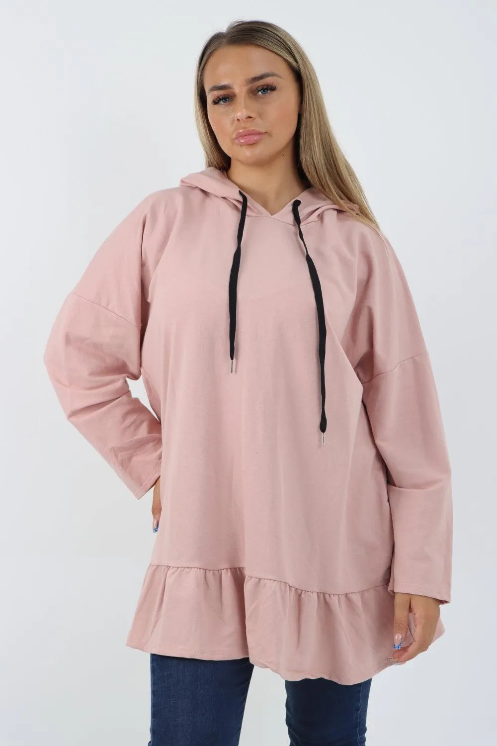 Frill Hem Long Sleeve Hooded Top