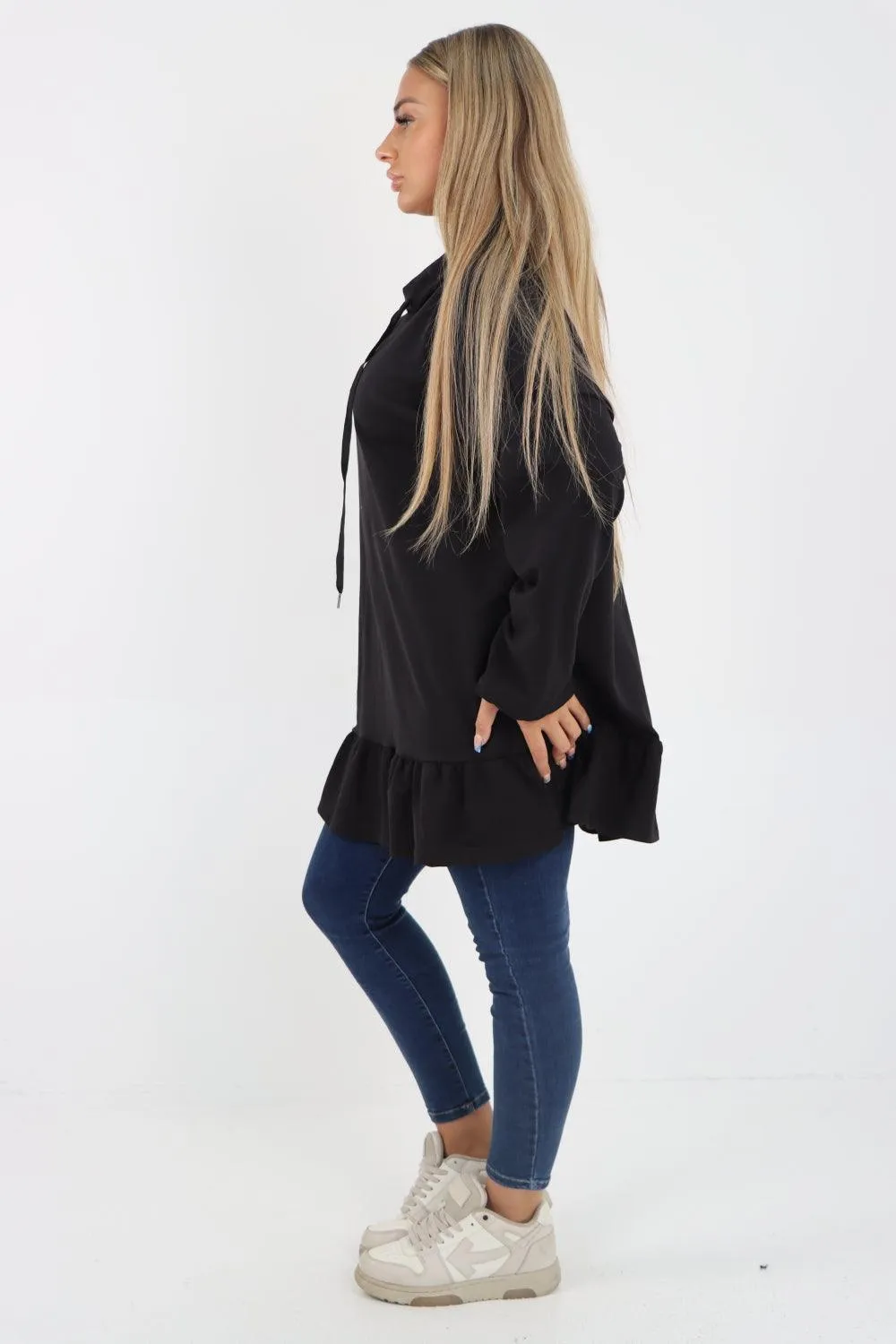 Frill Hem Long Sleeve Hooded Top