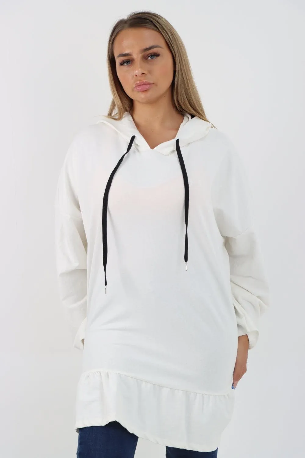 Frill Hem Long Sleeve Hooded Top