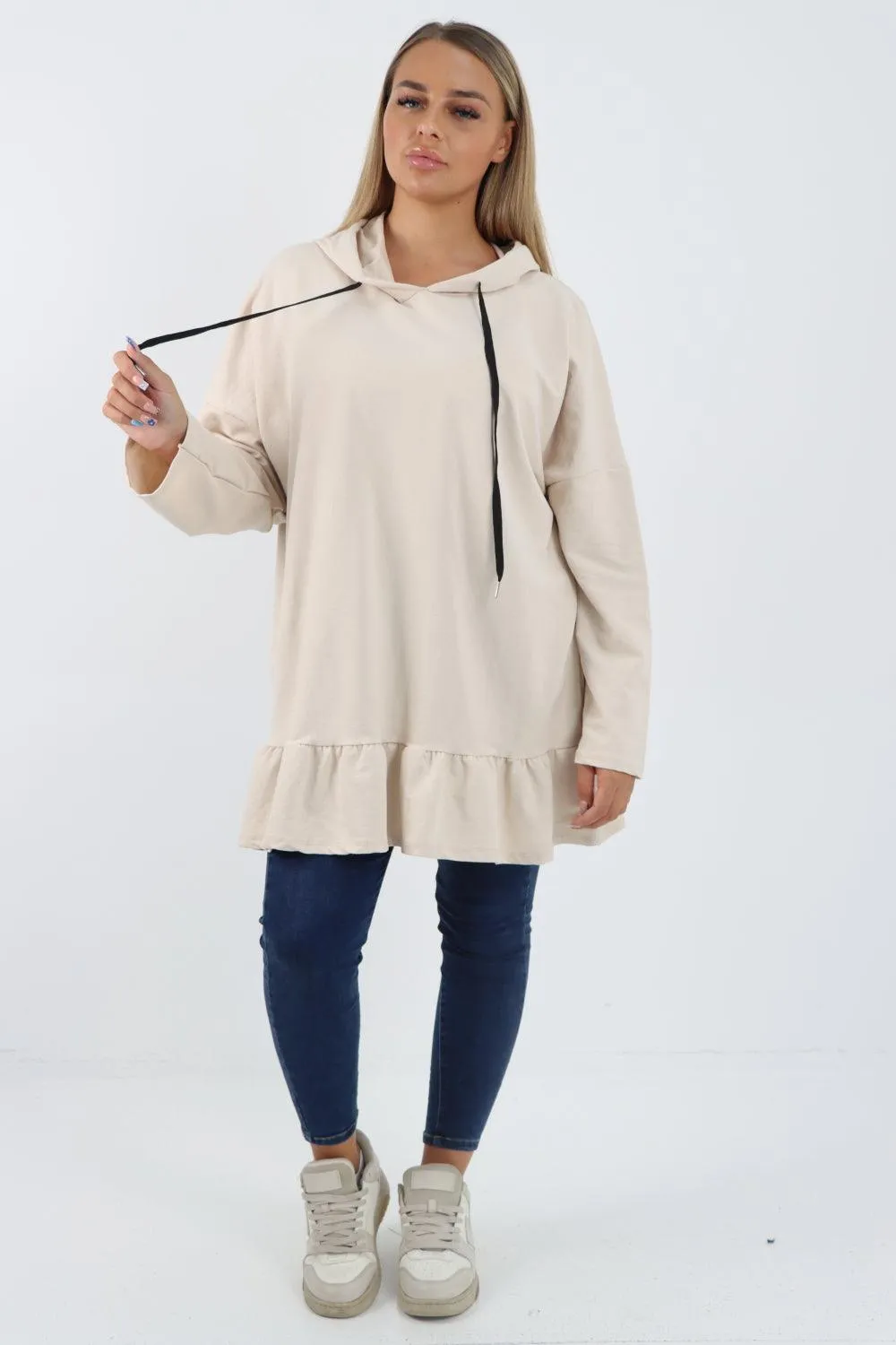 Frill Hem Long Sleeve Hooded Top