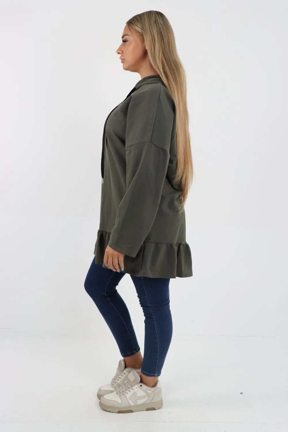 Frill Hem Long Sleeve Hooded Top