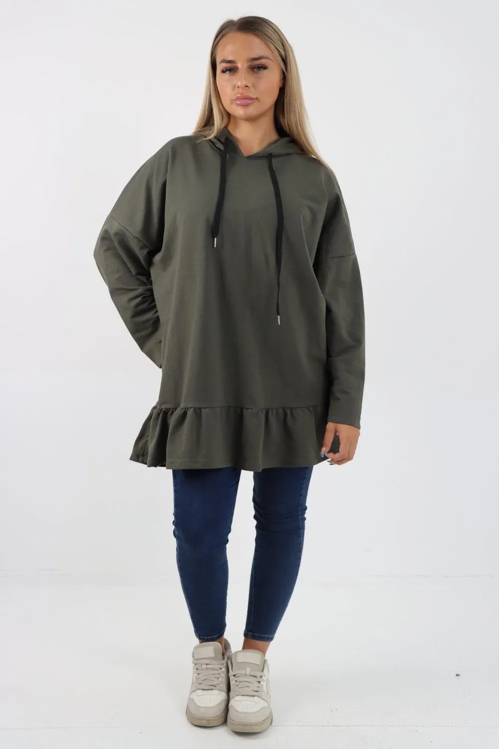 Frill Hem Long Sleeve Hooded Top