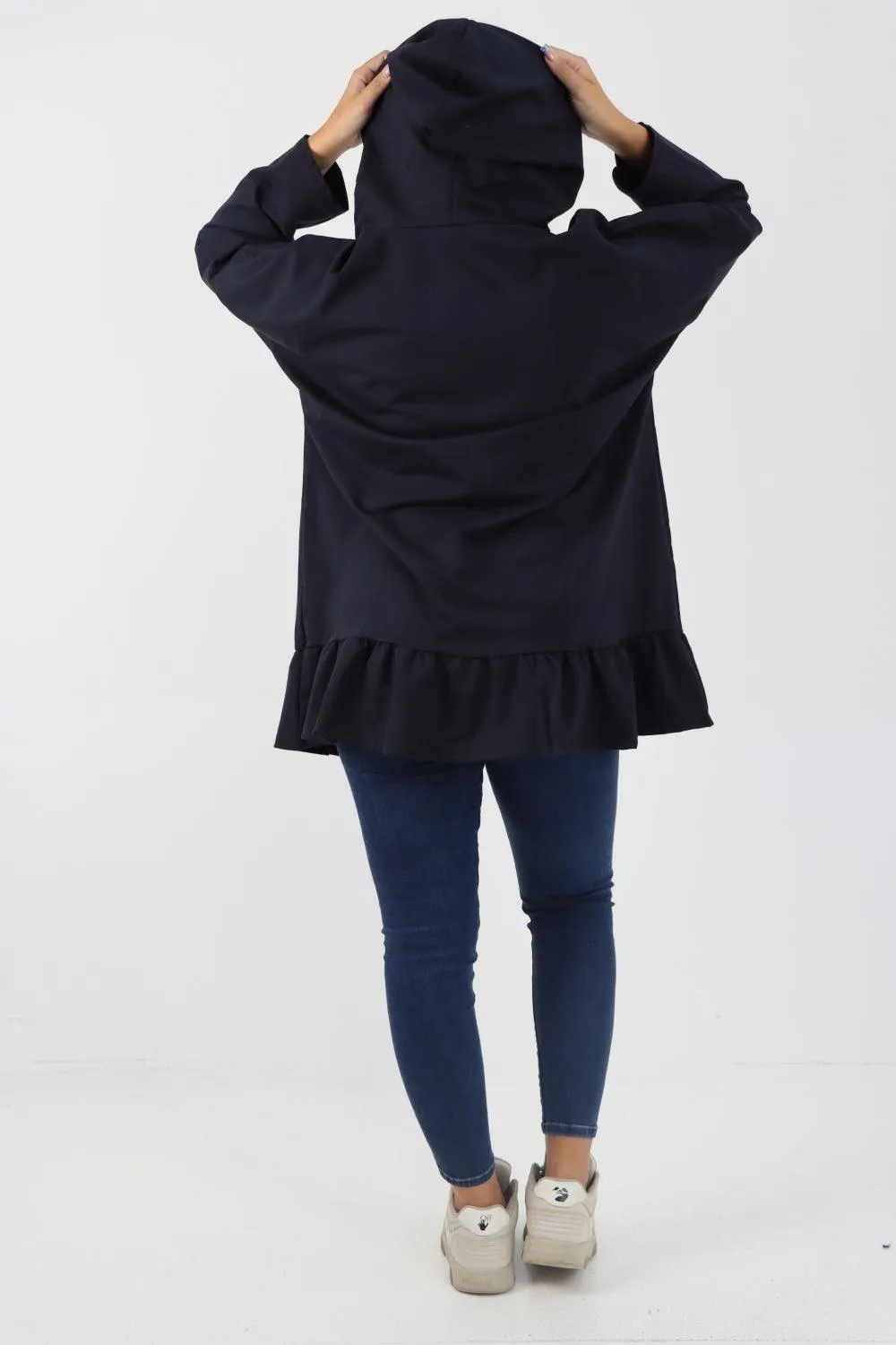 Frill Hem Long Sleeve Hooded Top