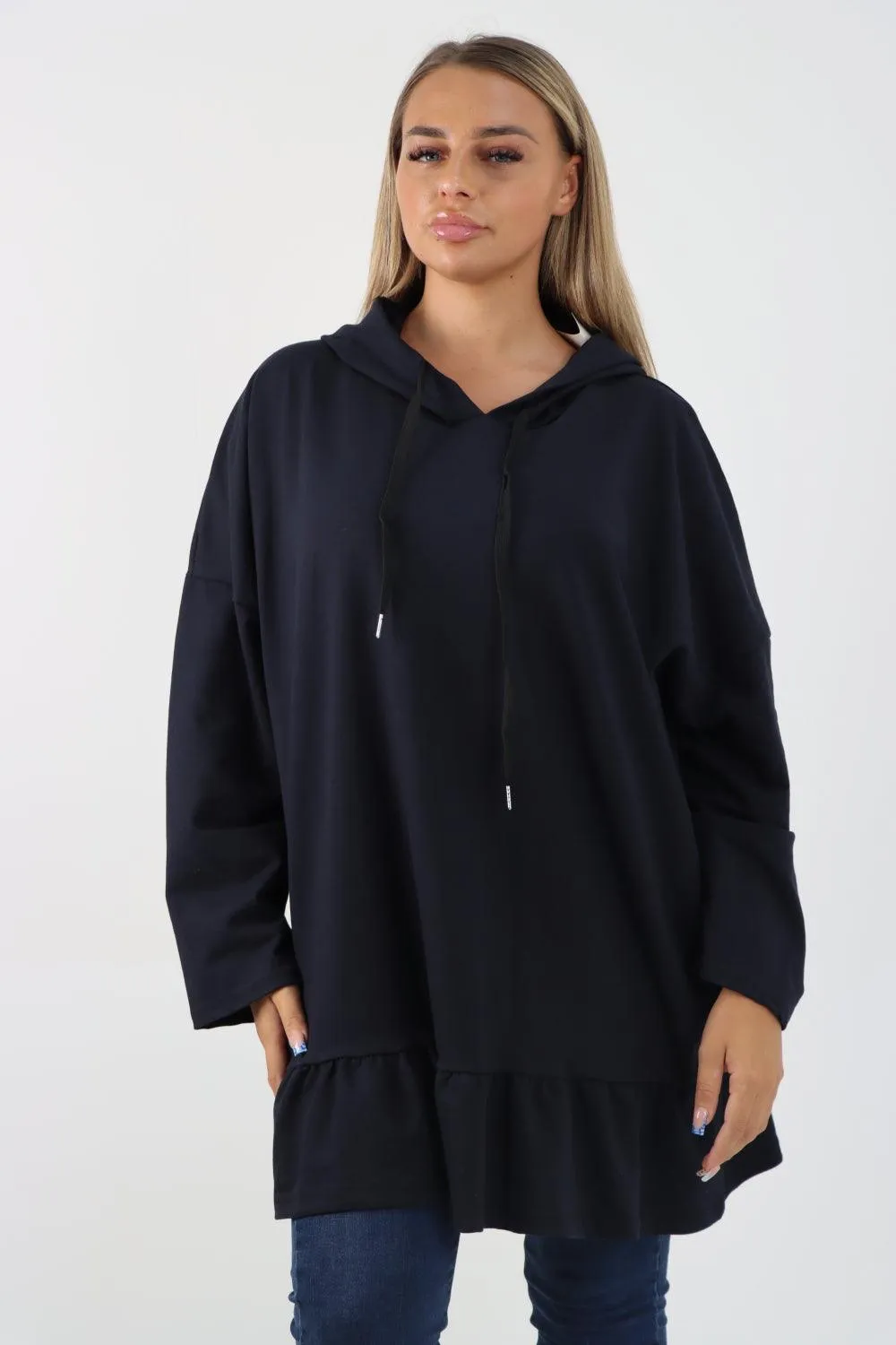 Frill Hem Long Sleeve Hooded Top