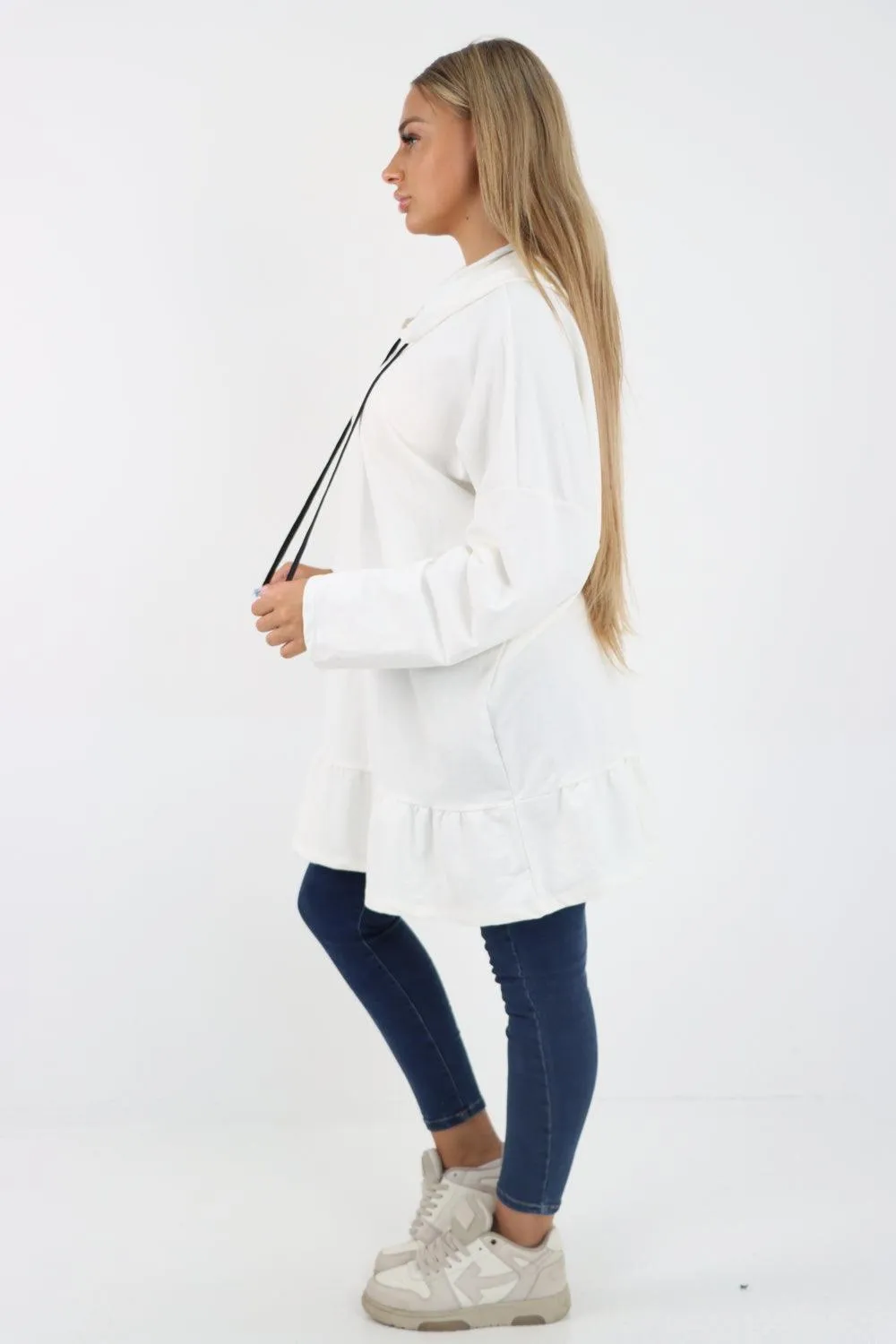 Frill Hem Long Sleeve Hooded Top