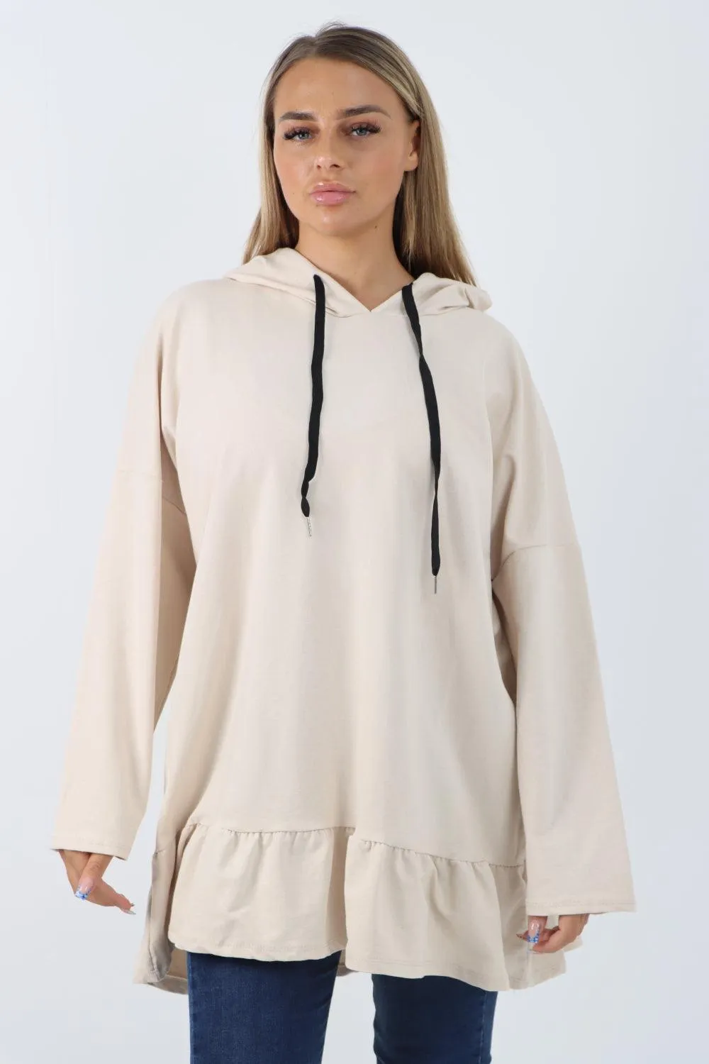 Frill Hem Long Sleeve Hooded Top