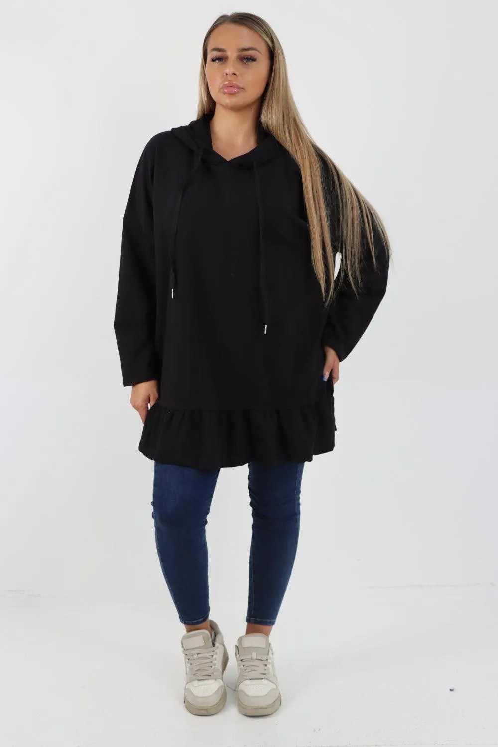 Frill Hem Long Sleeve Hooded Top