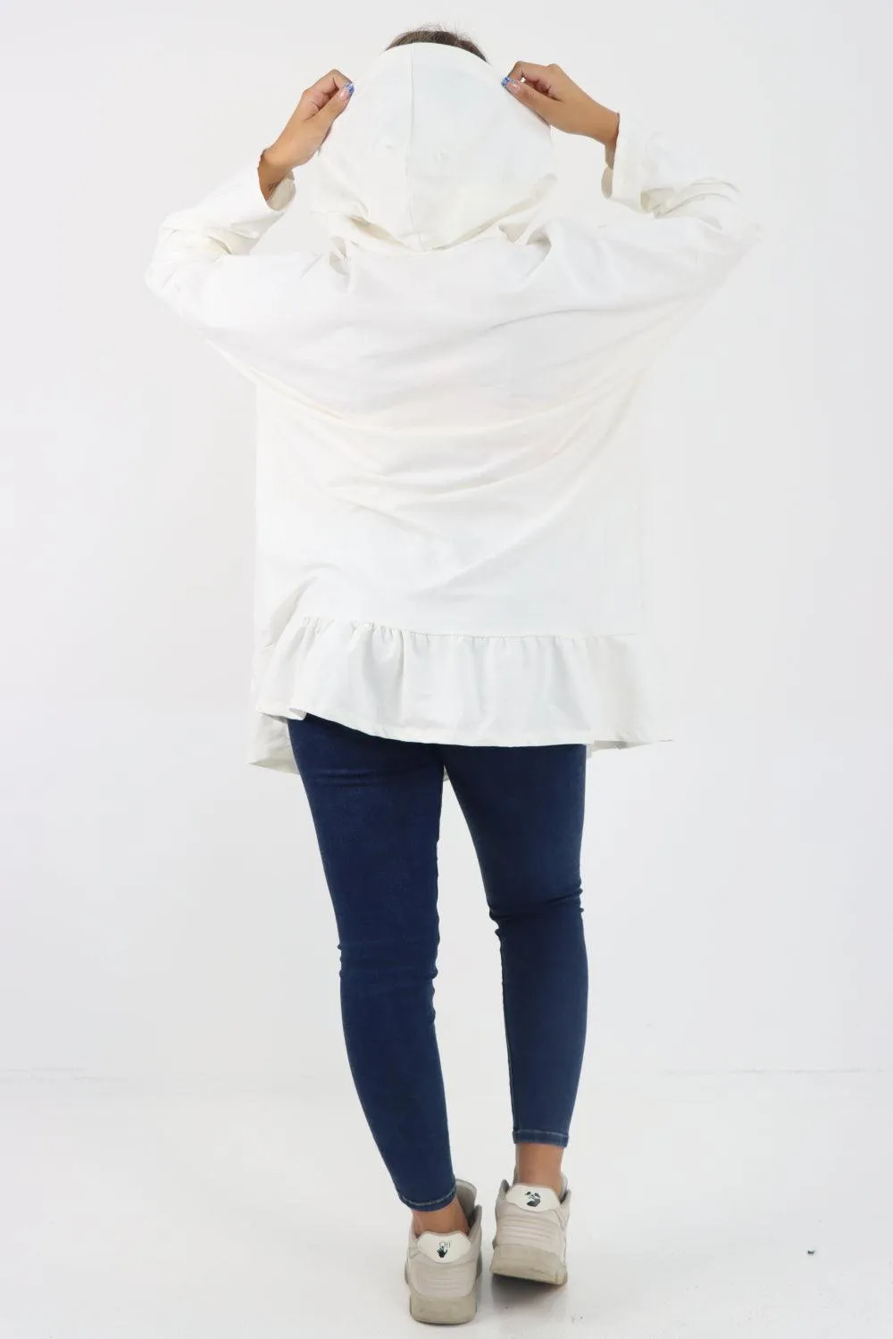 Frill Hem Long Sleeve Hooded Top