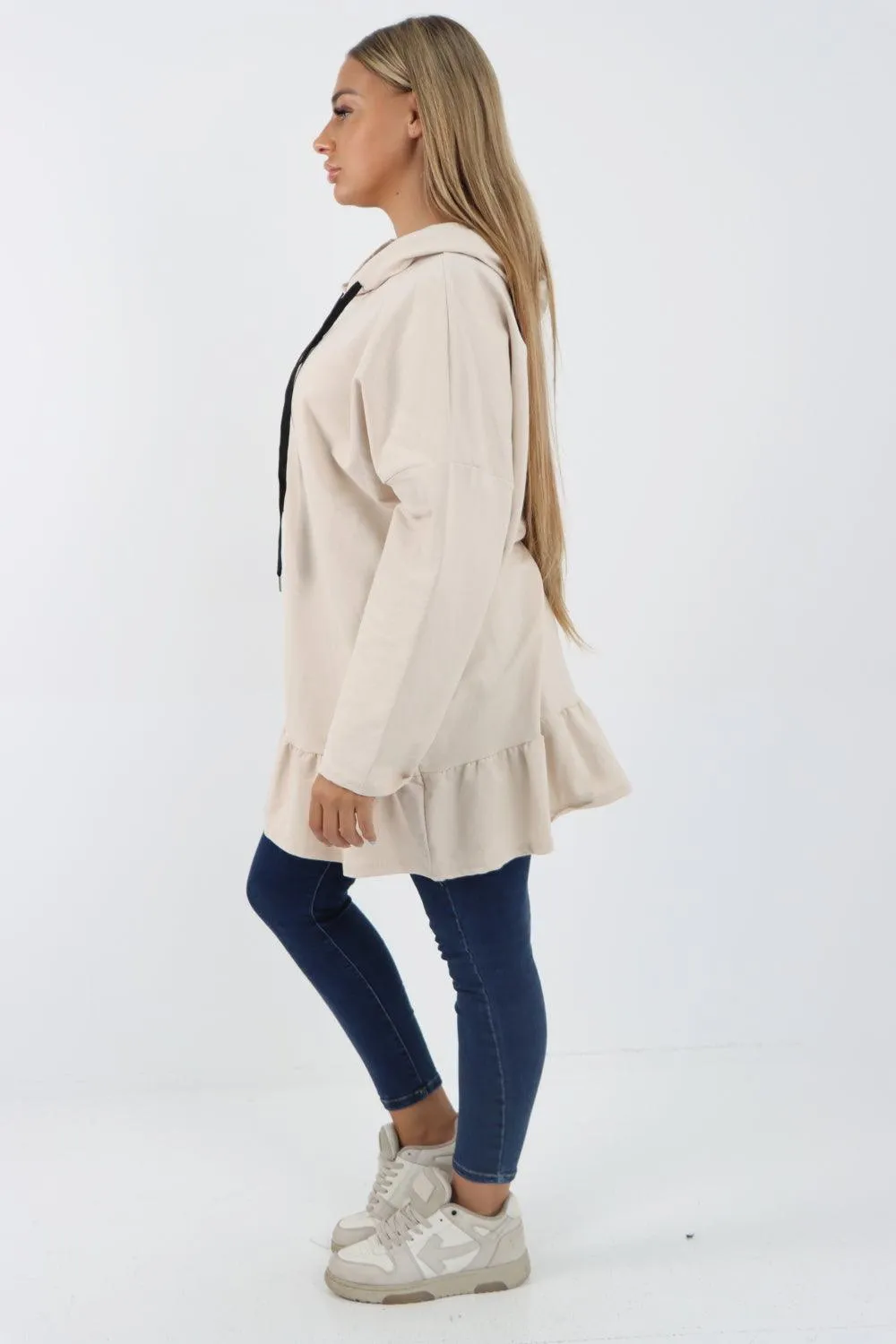 Frill Hem Long Sleeve Hooded Top