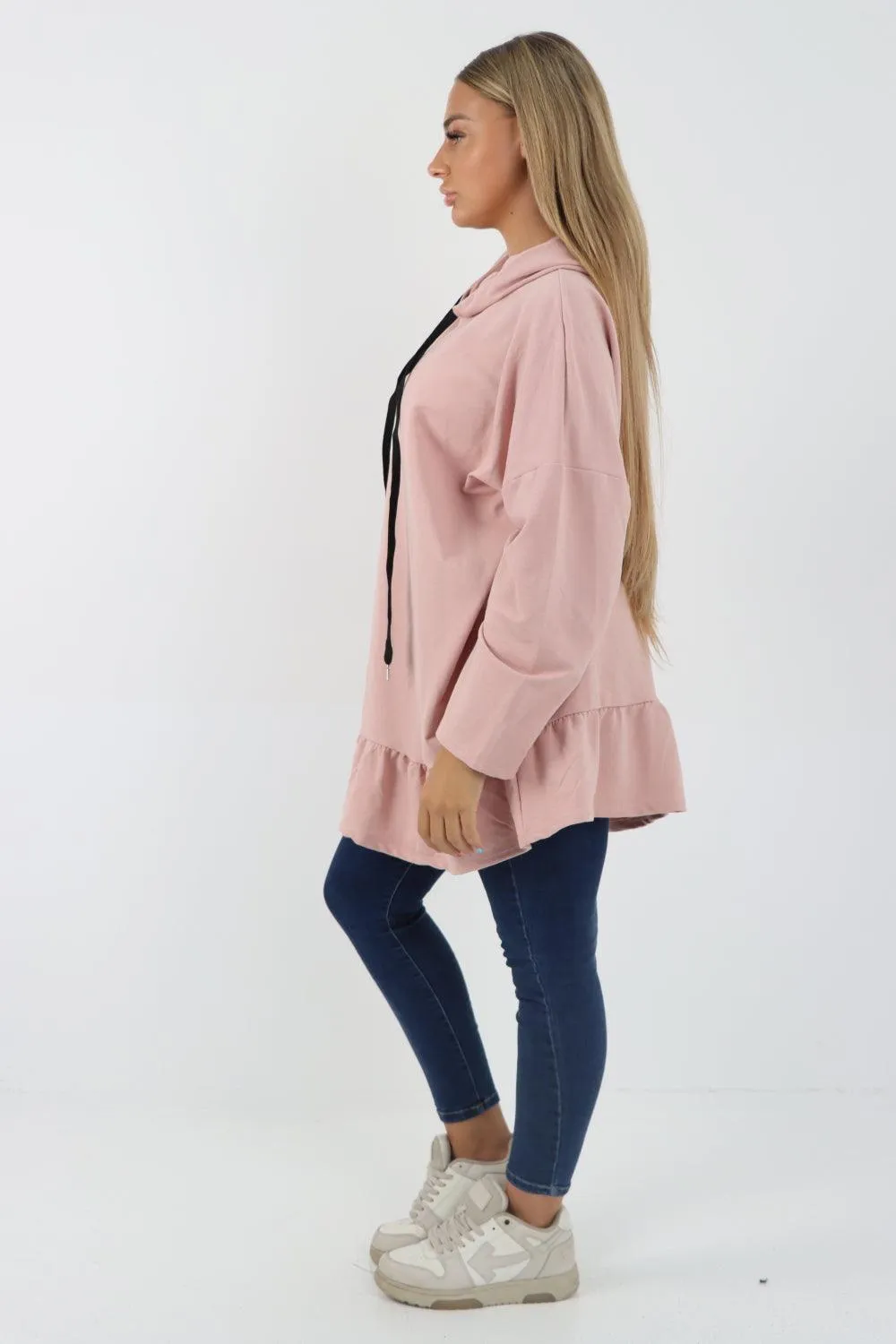 Frill Hem Long Sleeve Hooded Top