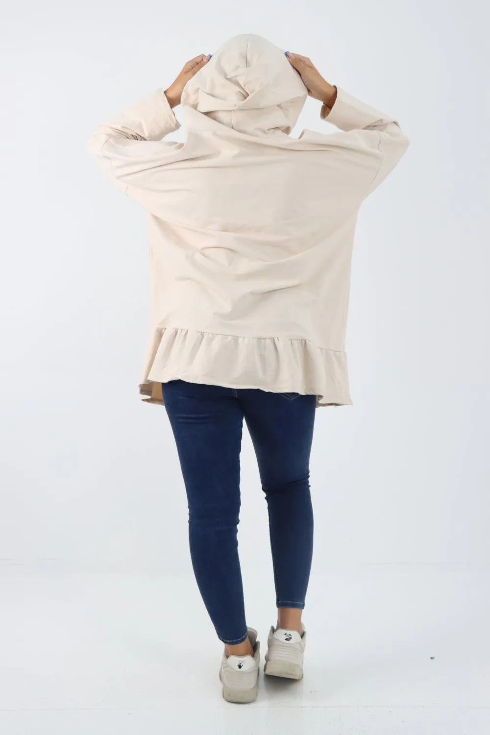 Frill Hem Long Sleeve Hooded Top