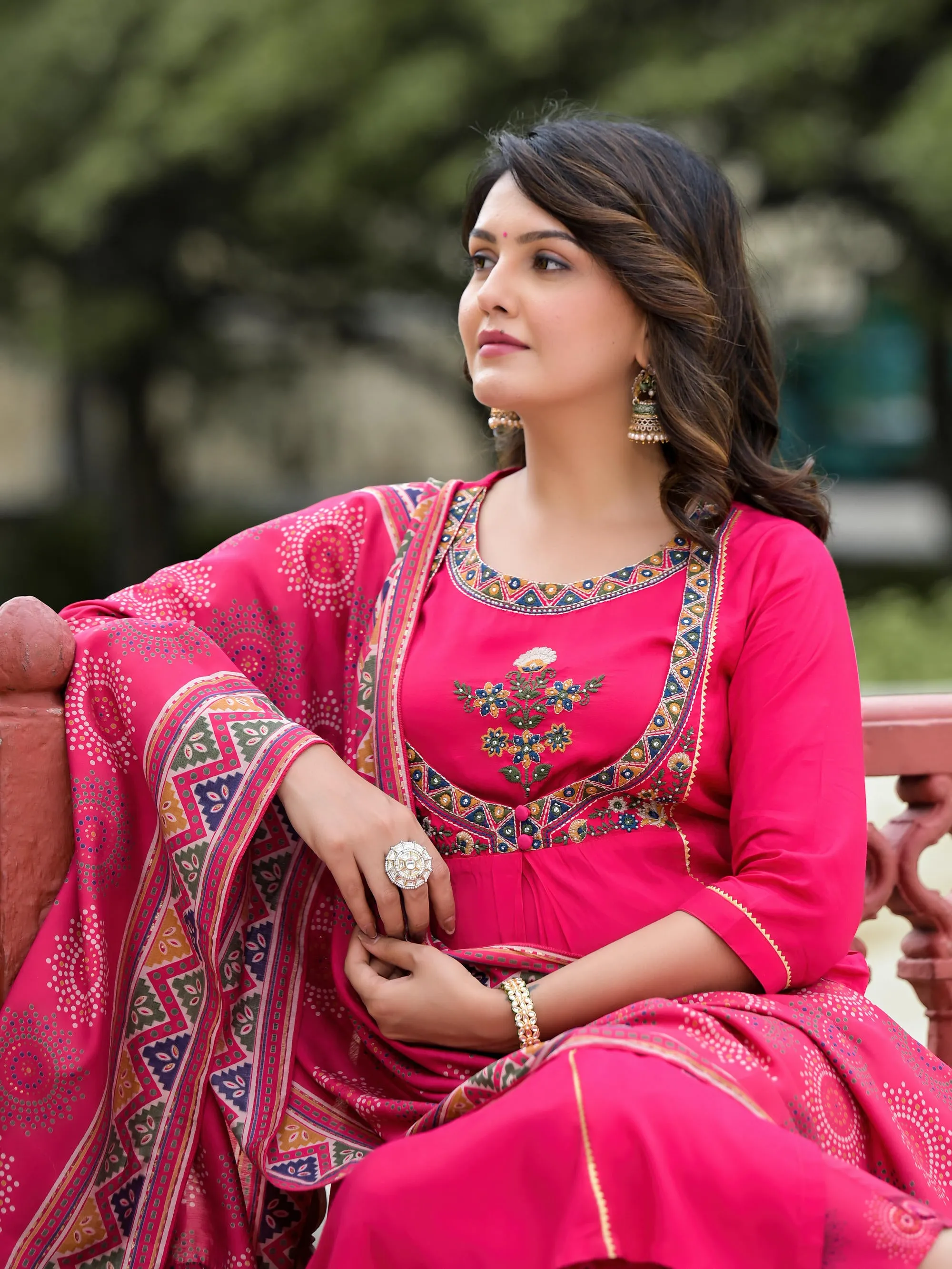 Fuchsia Viscose Embroidered A-Line Kurta Pants & Dupatta Set With Mirror Work And Lace