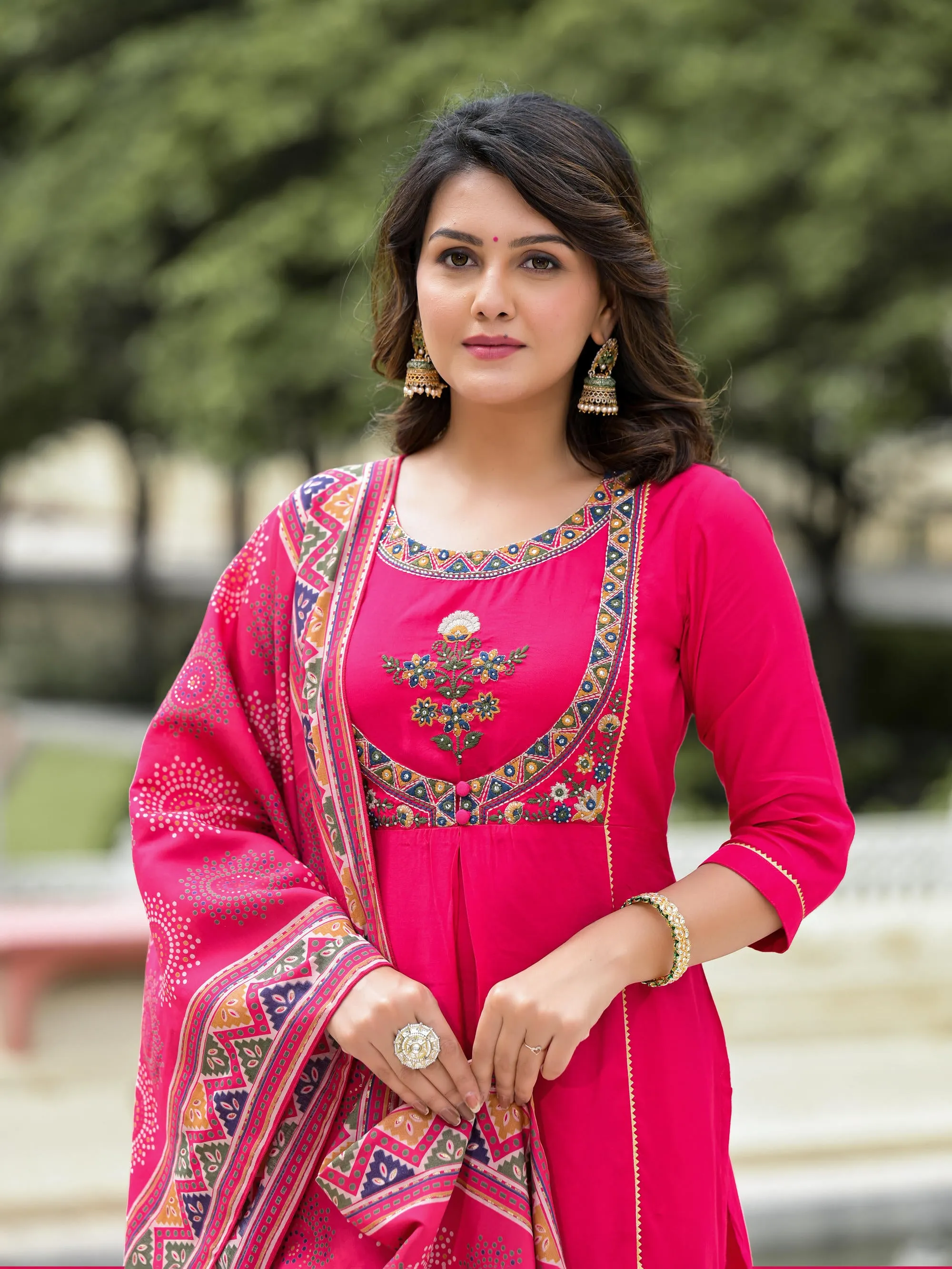 Fuchsia Viscose Embroidered A-Line Kurta Pants & Dupatta Set With Mirror Work And Lace